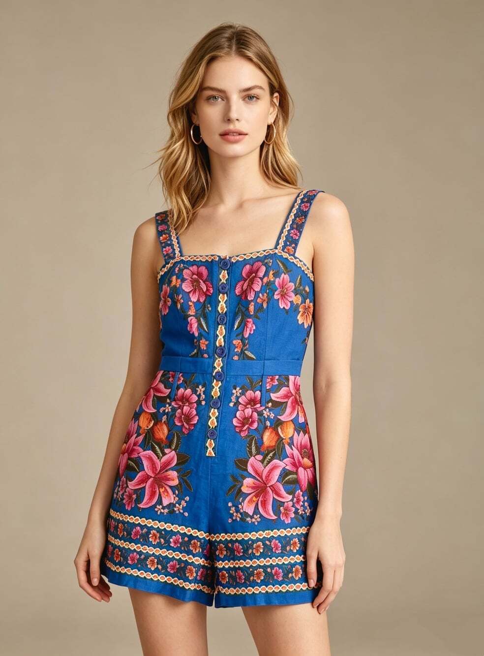 NWOT Farm Rio Linen Blend Floral Print Romper Size XS